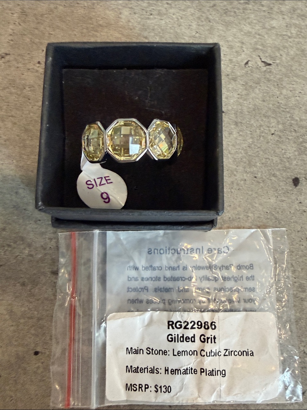 NWT Bomb Party “Gilded Grit” Lemon Cubic Zirconia Hematite Ring - Size 9
